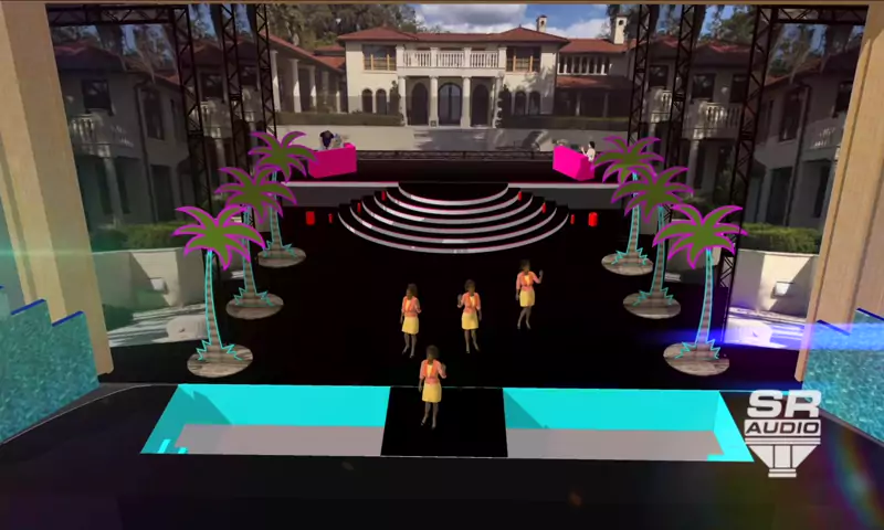 SR Audio 3D rendering of a stage with palm trees, a mansion backdrop and LED steps